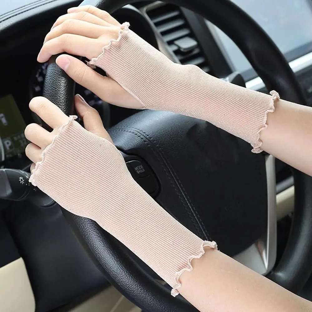 

Elastic Summer Non-Slip Driving Touch Screen Shinny Anti-UV Ruffle Women Mittens Mesh Half Finger Gloves Fingerless Gloves