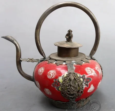 

Ancient Chinese Tibetan silver teapot ceramic flagon Garden Decoration 100% real Tibetan Silver Brass