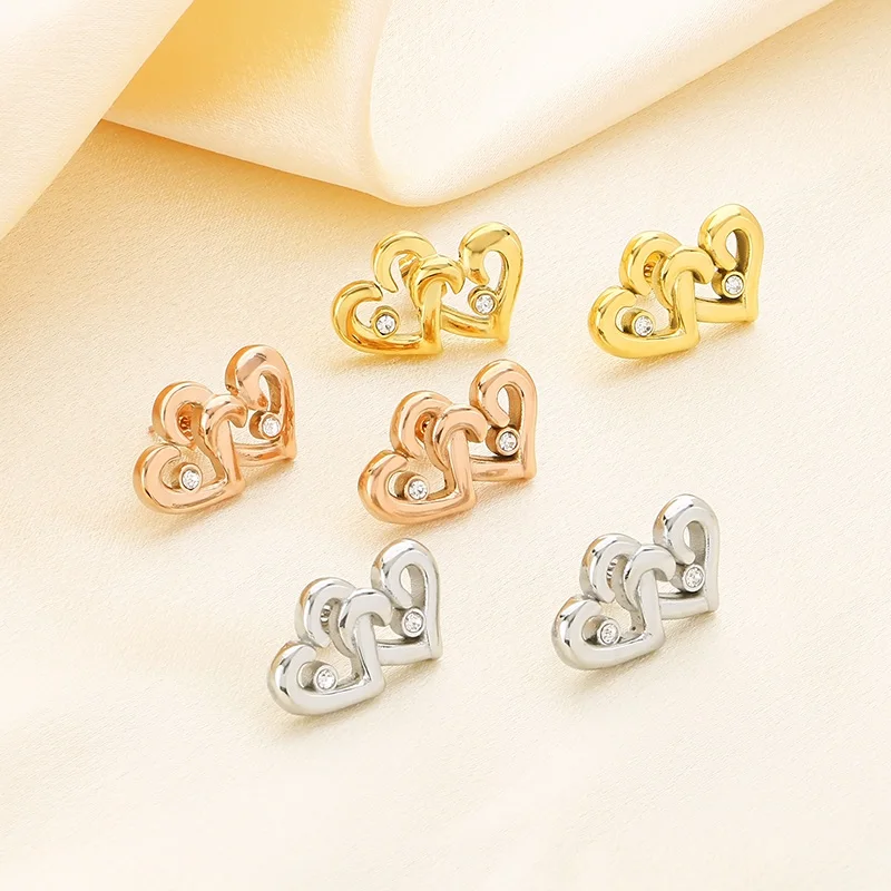 

Fashion Shiny Zircon Double Heart Stud Earring For Women Girl Gold Silver Rose Gold Color Stainless Steel Stud Ear Jewelry Gifts