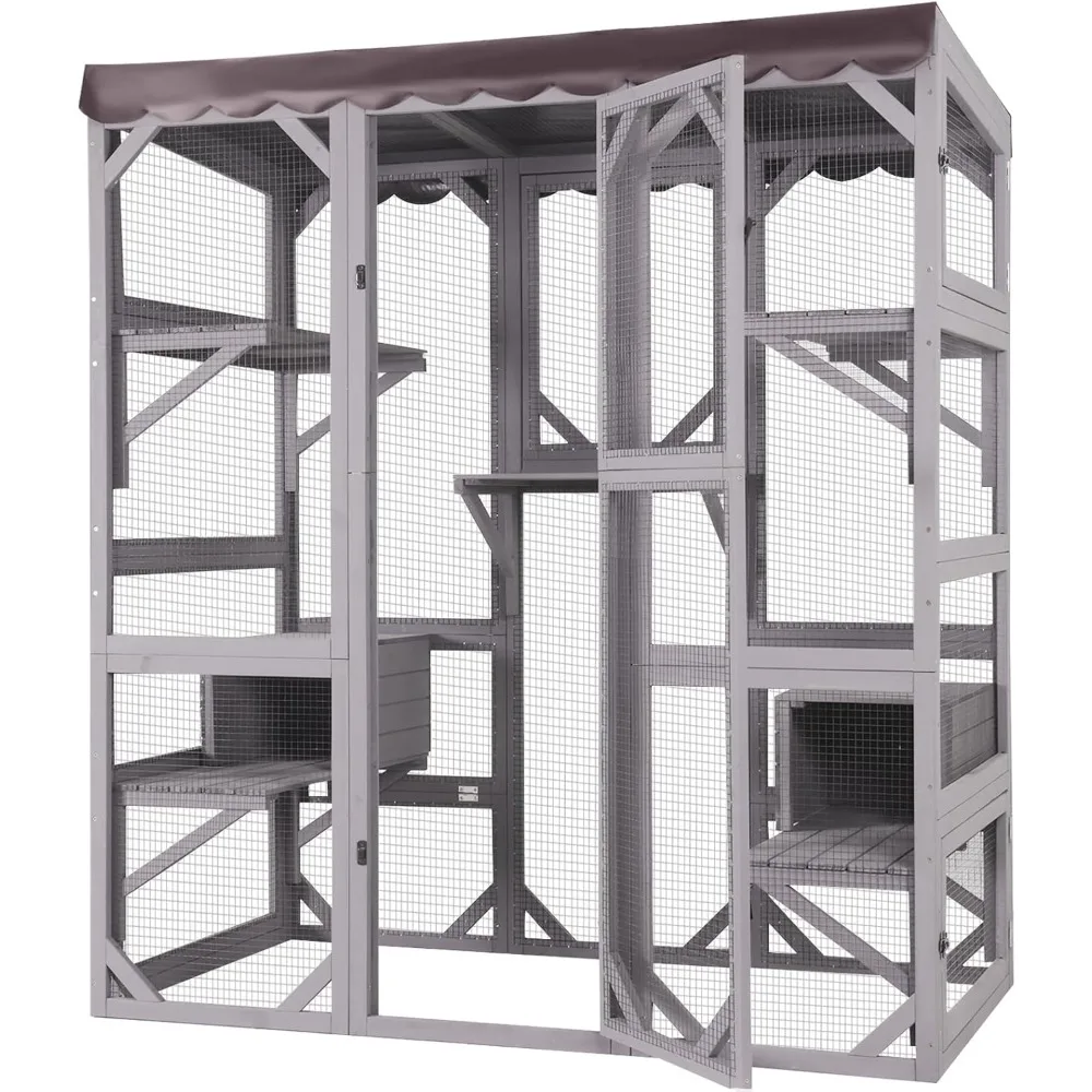 

Large Catio Outdoor Cat Enclosure with Condos, Wood Catio Walk in Cat House, Kitty Shelter Indoor with Waterproof Roof