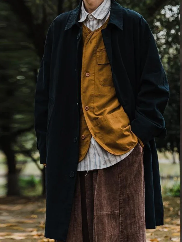 Young Men's Japanese Retro Loose Trench Coat Solid Color Minimalist Couple's Jacket Mid Length for Spring Autumn​