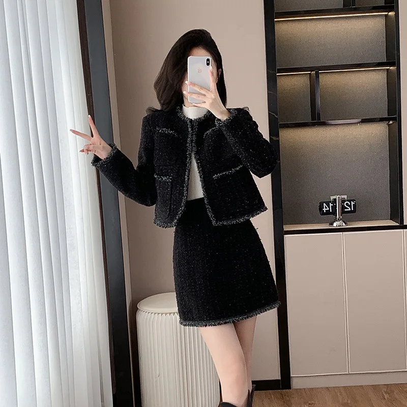 Black women's coarse tweed 2-pcs set jacket+high waisted skirt 2024 new autumn/winter small fragrance style temperament set