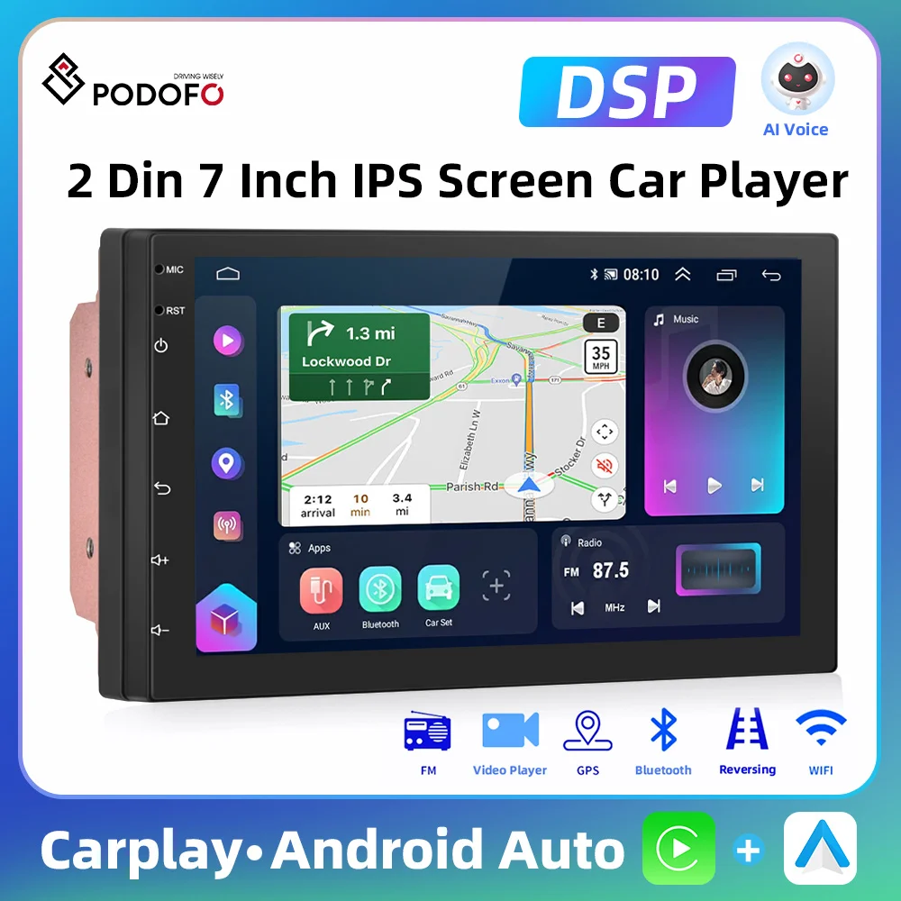 Podofo MP5 8+128G Car Stereo Radio Android 10 7'' 2 Din GPS Navigation DSP WIFI Carplay Android Auto Multimedia Video Player