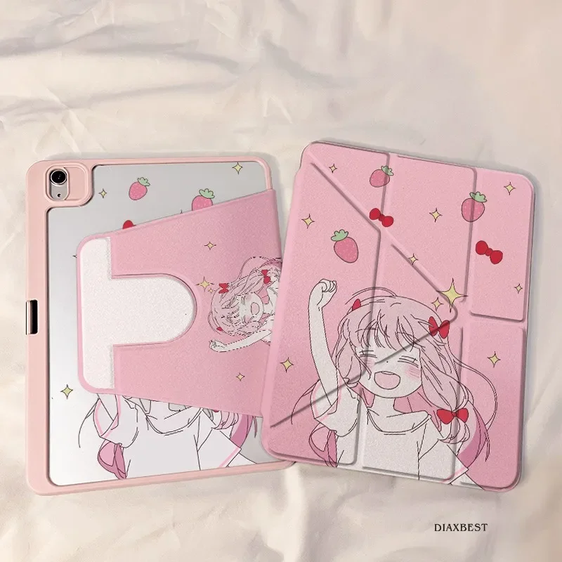 

Strawberry Girl Rotate Tablet Case For iPad Pro 11 13 M2 M4 M3 9.7 10.2 5/6th 7/8/9 10th 11th Mini 6 7 Air 3 4 5 6 Stand Cover