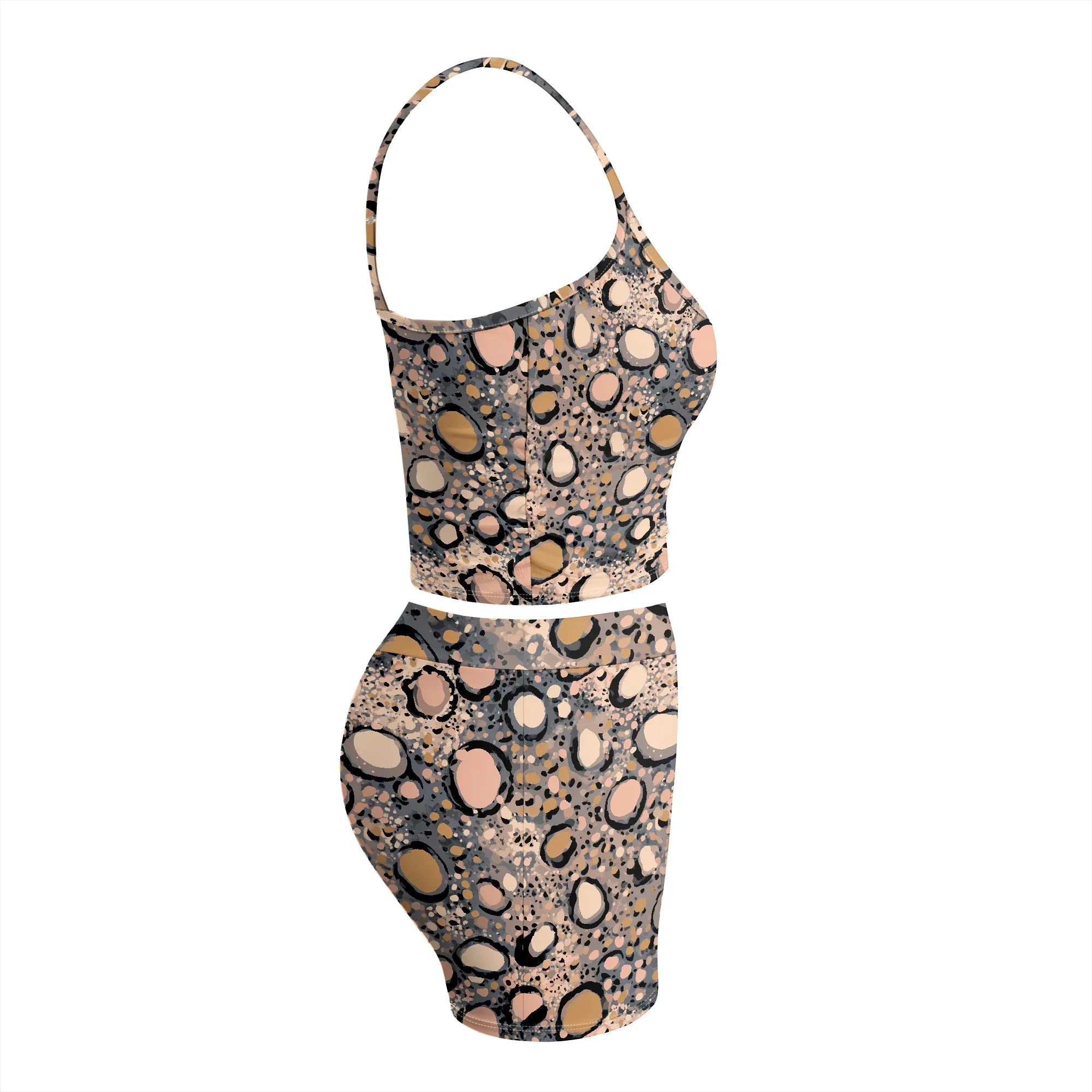 Abstract Print Cami Set, Stone Pattern Romper, Cutout Waist Shorts Outfit, Summer Beach Wear, S-2XL