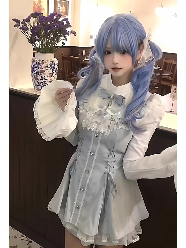 

Harajuku Vintage Patchwork Lace Bandage Tops Dress Casual Shorts Gothic Fashion Set woman Japanese Lolita Shorts Set Hot Girls