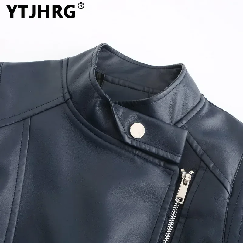 YTJHRG-Vestes de Motard en Cuir PU pour Femme, Col Rabattu, Fermeture Éclair, Manches sulf, Vêtements Féminins, Printemps et Automne 2024