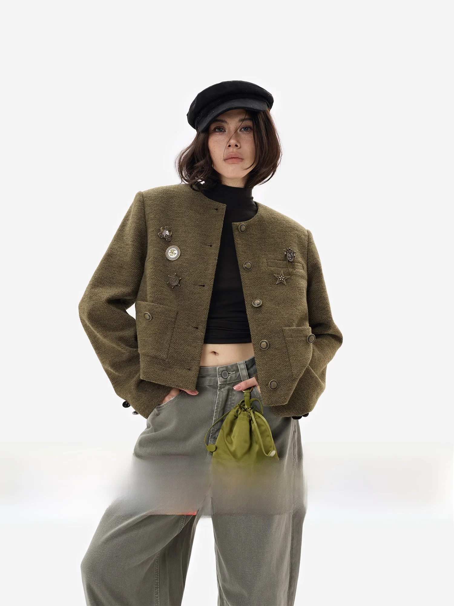 

egu Yue Design Vintage Sle Coat Classic round Ne with Worn Medal Retro Fraance ort Outerwear for Women