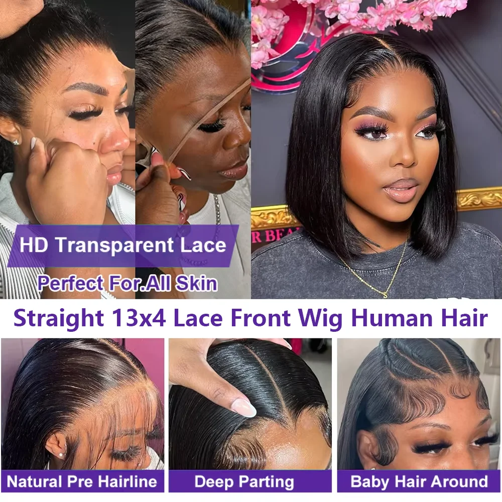 Bob Wig 13x4 Frontal Straight Lace Natural 100% Human Hair Wigs Short Bob Transparent Lace Front Virgin Wigs For Women