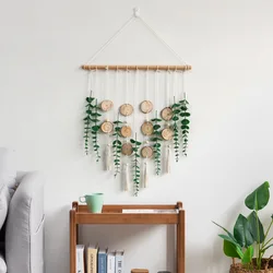 Macrame Wall Hanging Tassel Tapestry with Green Leaf Cotton Bohemian Hand Woven Nordic Wall Decor Living Room Home Art Decor