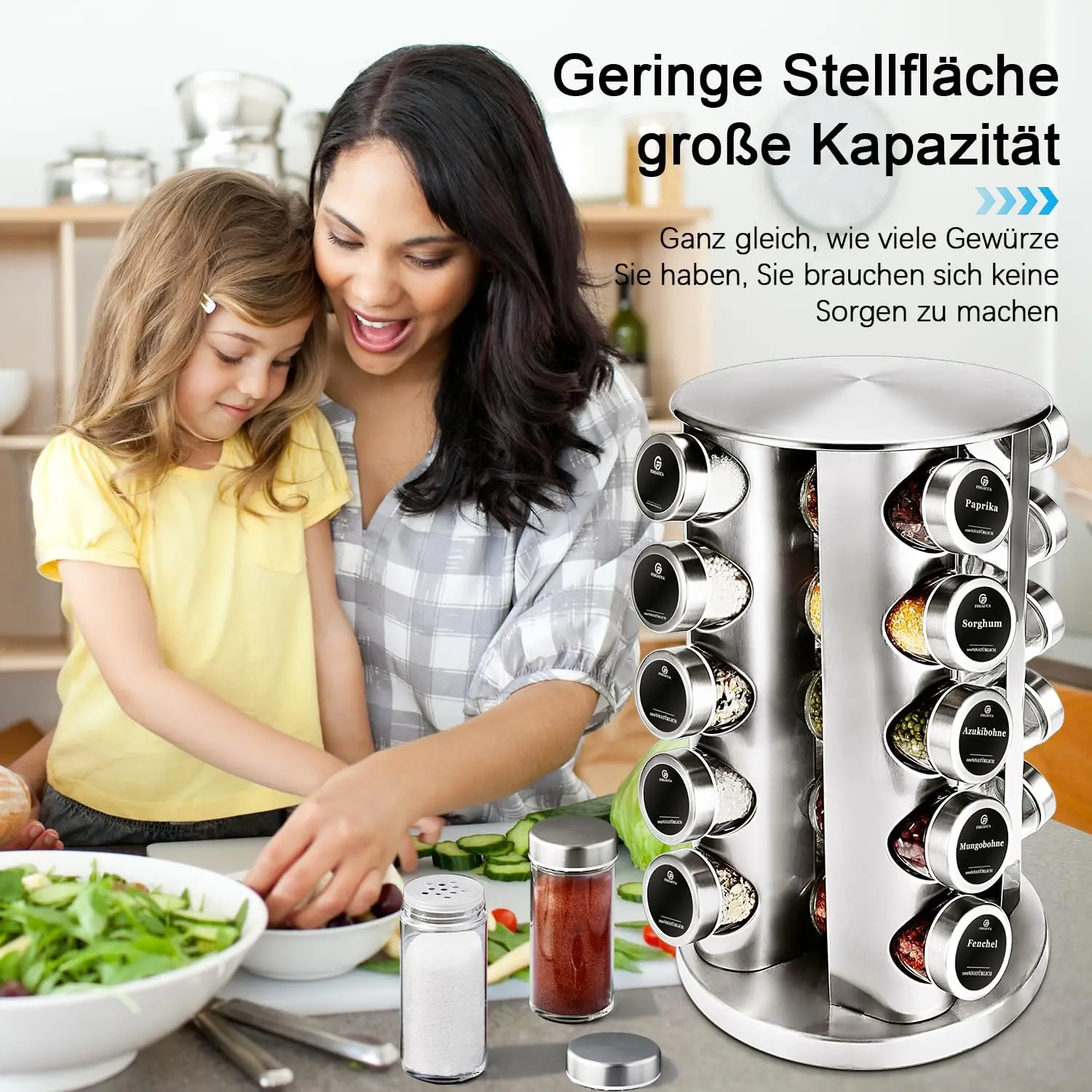 360 ° Rotierender 5-stöckiger Gewürzregal-Organizer mit 20 x 100 ml Gläsern und deutschen Etiketten | Platzsparende Küchenaufbewahrung für Gewürze – Detail 1