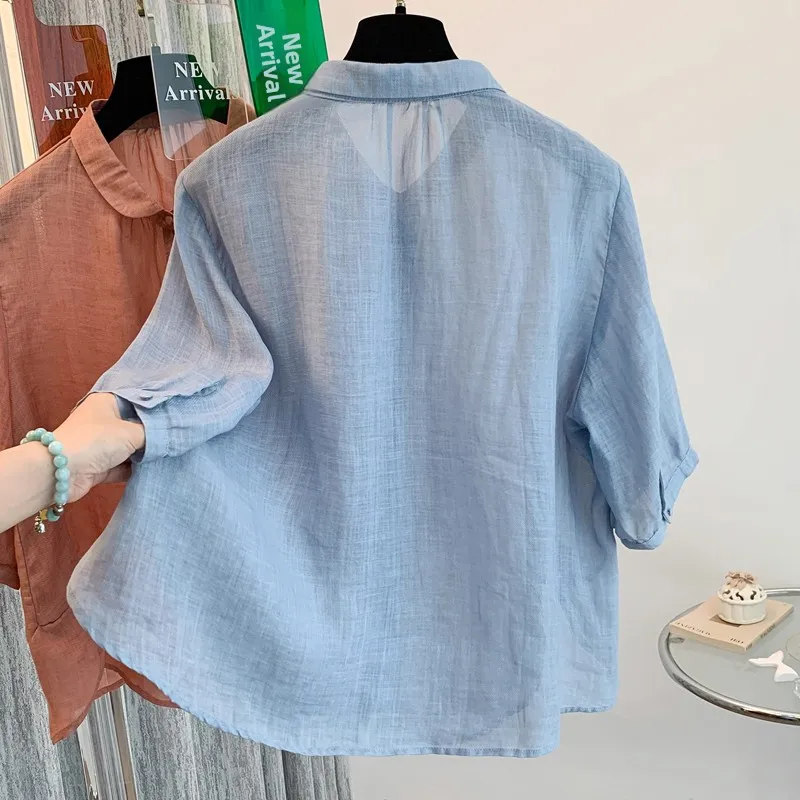 Csa de Manga Curta Respirável em Cor Sólida Estilo Coreano Fena Artística Fresca de Verão com Manga Cinco-Quartos