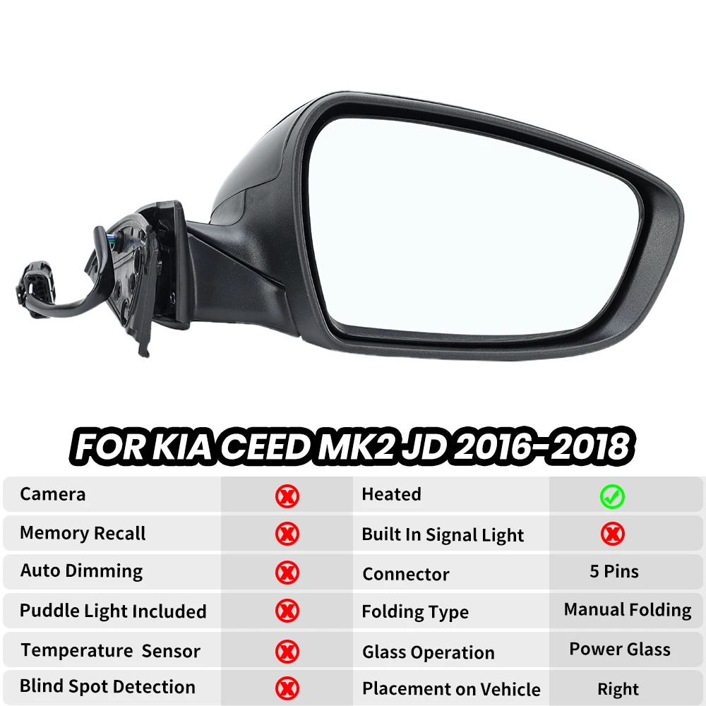 5/8 Pins Rearview Mirror Assembly For Kia CEED MK2 JD 2016 2017 2018 Black 12 Hole Socket Heated Side Mirror Car Accessories