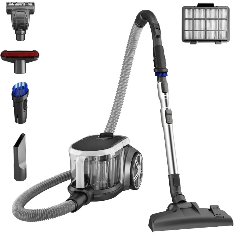 ZZC – Beutelloser Kanisterstaubsauger, leichter Staubsauger für Teppiche und Hartböden, Silber mit Schwarz