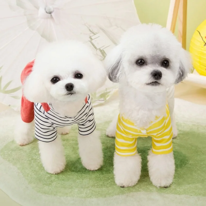 Cute Warm Pet Dog Clothes Fashion Striped Dog Jumpsuit Casual Pet Puppy Rompers Bear Print Cat Overalls Pet Four-Legged Clothes