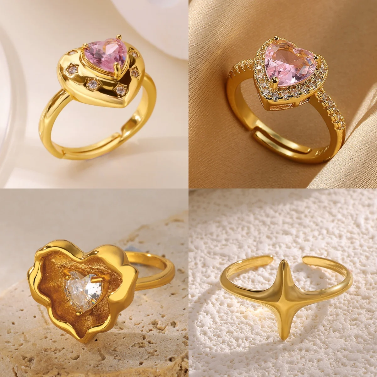 Romantische Herz-Ringe mit rosa Zirkonia für Damen, 18 Karat vergoldet, geometrisch, süßer Urlaubsschmuck, Retro-Ring, Geschenk, kostenloser Versand
