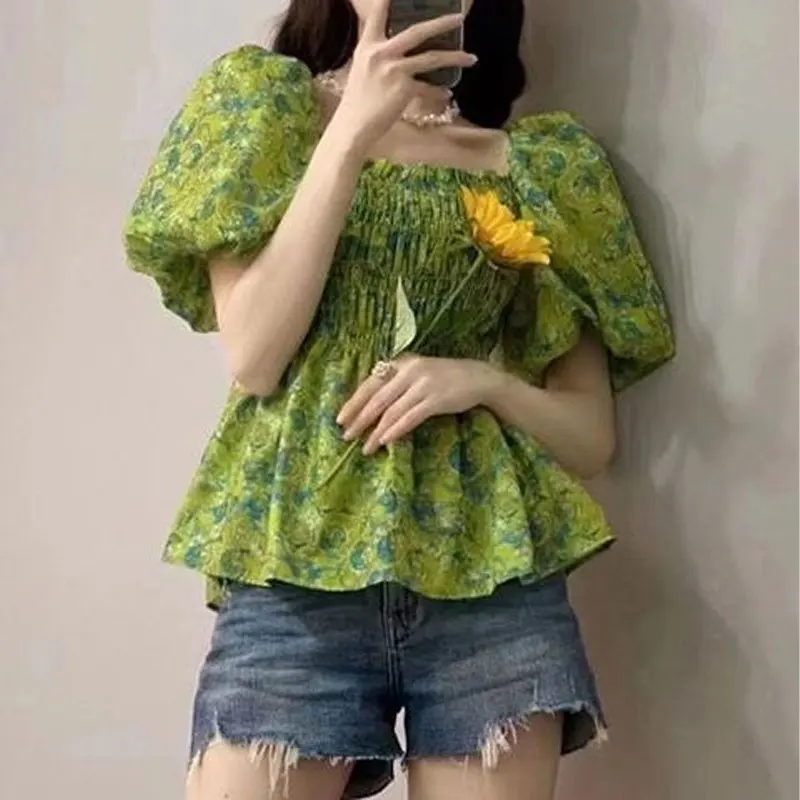 Vintage French Style Broken Flowers Shirt Elegant Square Collar Female Clothing Fashion Shirring Summer Sweet Puff Sleeve Blouse