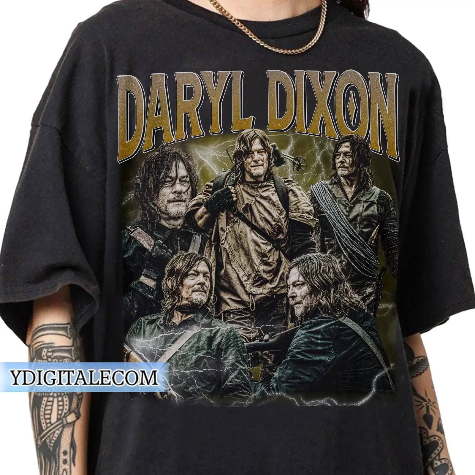 Camiseta Vintage Daryl Dixon The Walking Dead, Estilo Bootleg, Casual, Negra, Lavada, Moda Urbana, Elástica, Suave y Cómoda