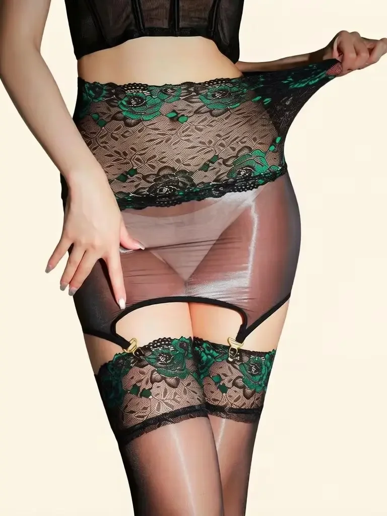 Women 2 In 1 Lace Oil Glossy Shiny Stockings 1D Sheer See Through Thin Over Knee Socks Vintage Shapping Maid Wear With Skirt view 2
