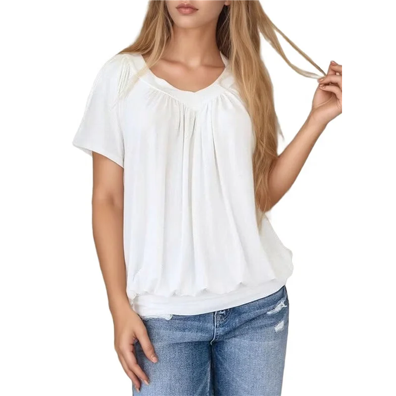 

Womens Short Sleeve Casual Tops Dressy V Neck T Shirts Loose Fit Summer Pleated Blouses