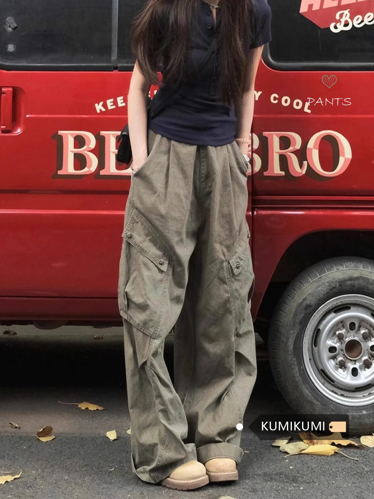 

American High Street Cargo Pants Women's Early Autumn High Waisted Loose Wide Leg Pants Casual Pants Straight Leg