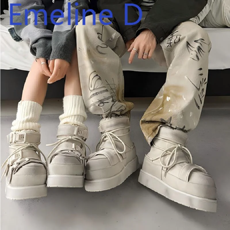 Belt Buckle Lace Up Tooling Boots Fashionable Couple Thick Soled High Top Boots Round Toe Denim Fabric Fleece Insulation Boots
