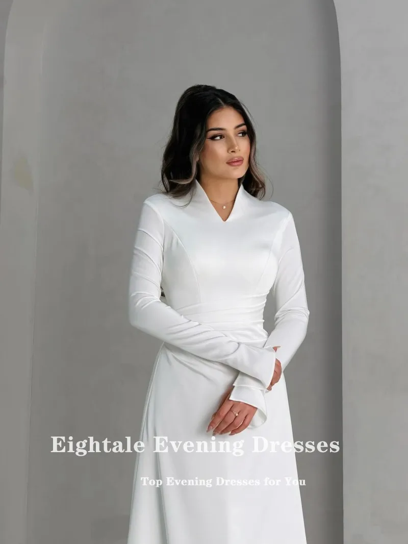 Eightale Arabic Wedding Dress Customized Ivory Long Sleeves V-Neck Bridal Gown Satin Muslim Mermaid Bride Party Dress