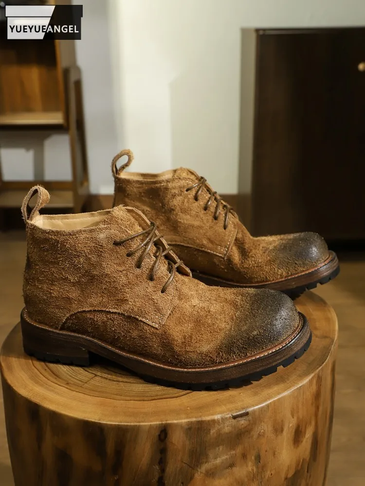 

Spring Men Retro Fashion Round Toe Mid Heel Horsehide Suede Genuine Leather Ankle Lace Up Shoes Motorcycle Riding Desert Boots