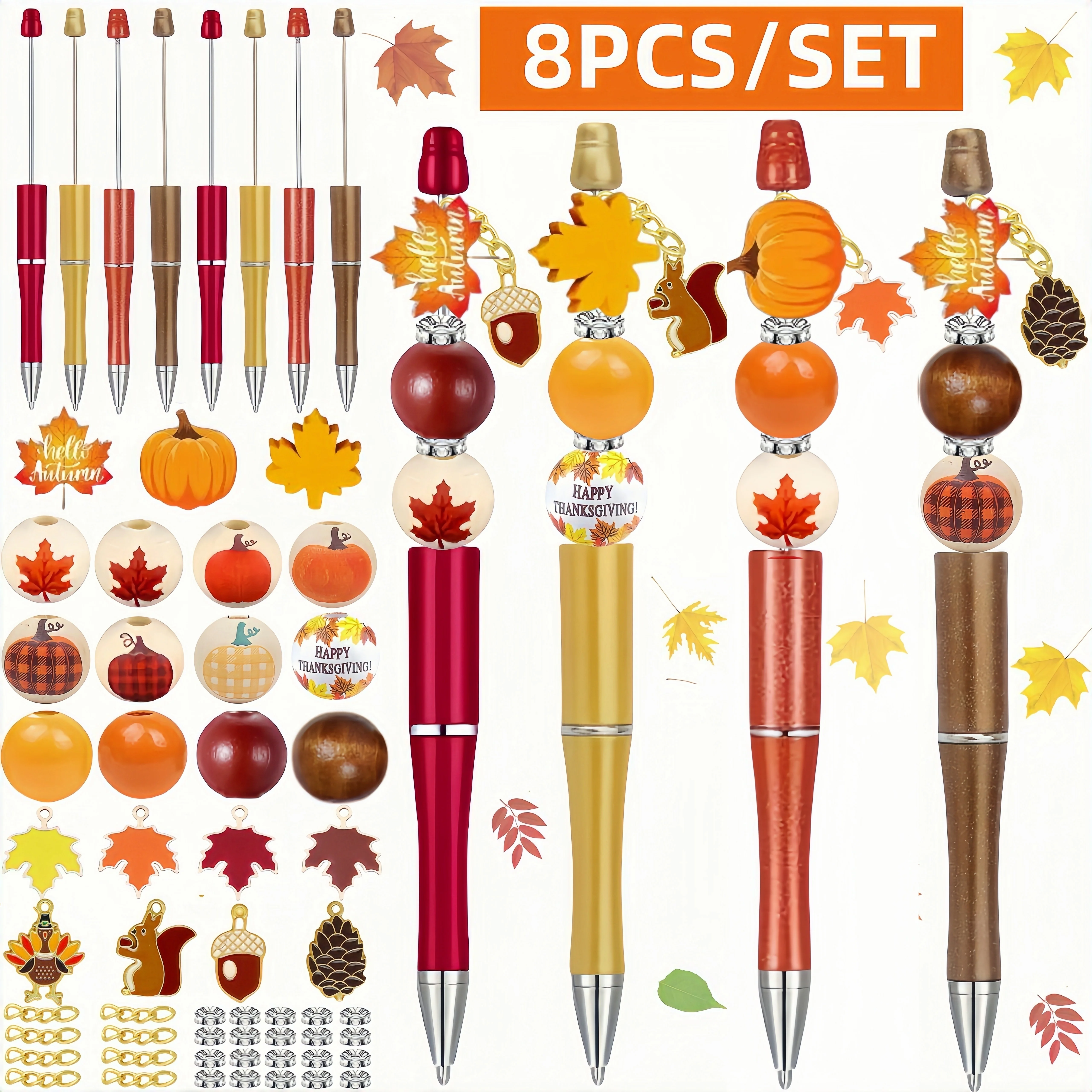 8pcs/set Thanksgiving DIY Ballpoint Pen, Maple Leaf Bead DIY Bead Pen, Used for Learning, Writing, Office and Gift Giving