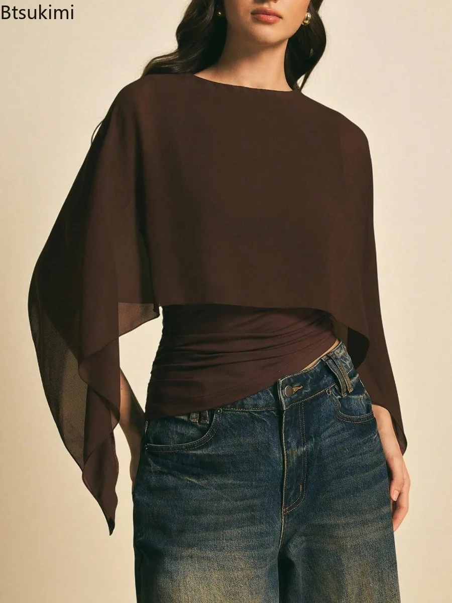 Women Round Neck Cape Sleeve False Two‑Piece Top Slim Fit Ruched Waist Sheer Batwing Blouse Fashion Vacation Daily Commute Wear