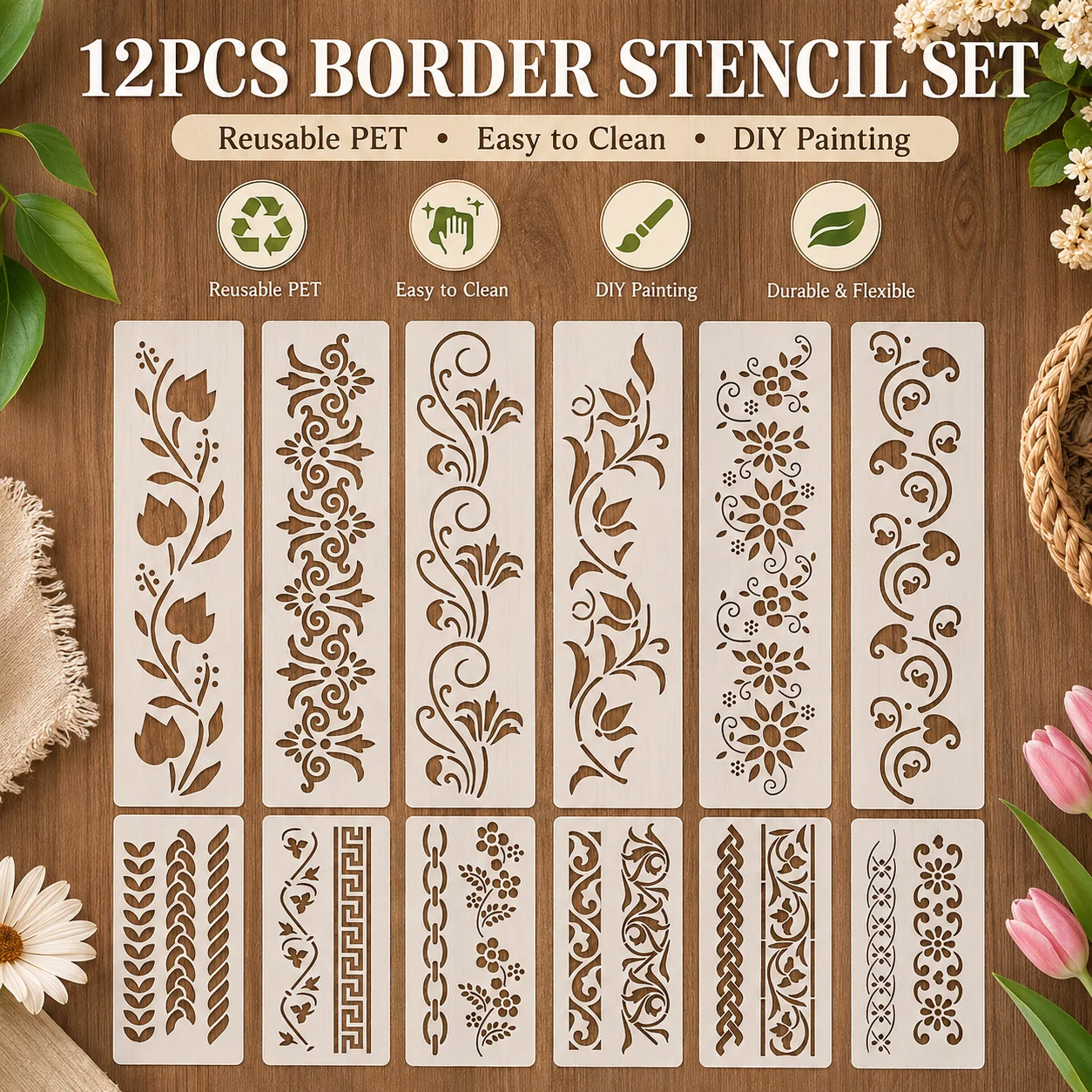 Photography Angle - 12Pcs Decorative Border Stencils Reusable PET
