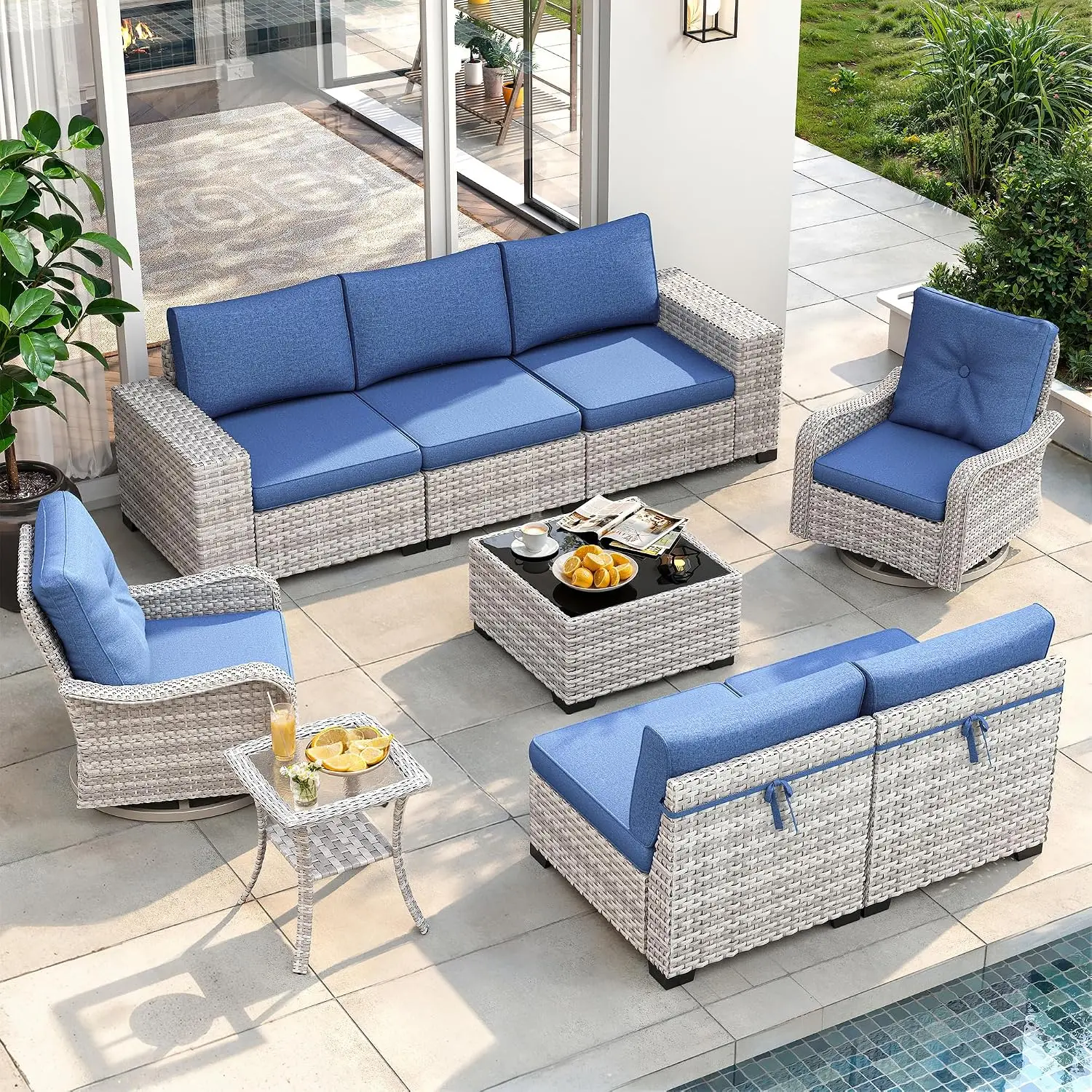 9-Piece Outdoor Wicker Patio Furniture Set with Swivel Chairs, Customized