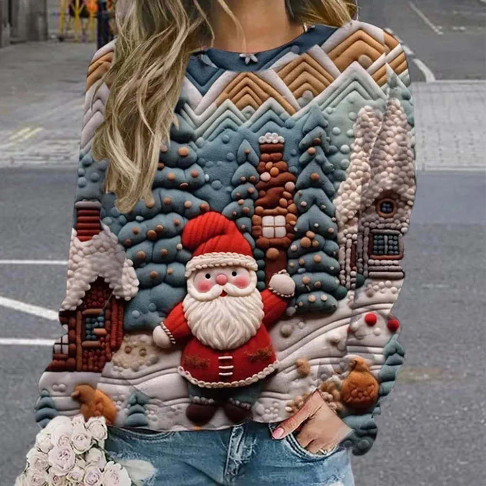 Women Christmas Sweatshirts Cute 3d Santa Claus Graphic Printed Tees Long Sleeve Round Neck Casual Pullover Autumn Women Clothes