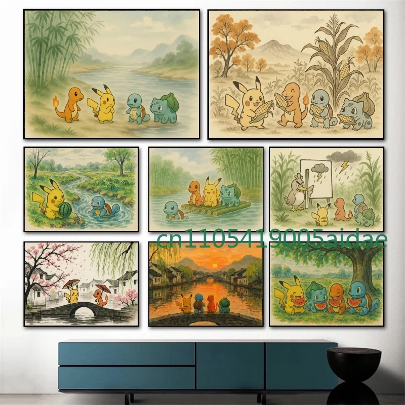 

Anime Video Game Figure Pokemon Canvas Painting Comic Poster Bulbasaur Charizard Pikachu Mural Pictures Children Home Wall Decor