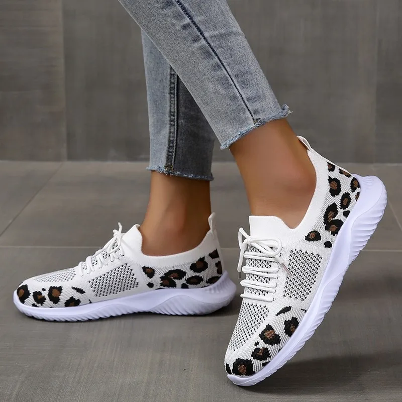 Leoparden muster atmungsaktive Mesh Sneakers Sommer Frauen leichte rutsch feste Strick wohnungen Frau bequeme Laufsport schuhe