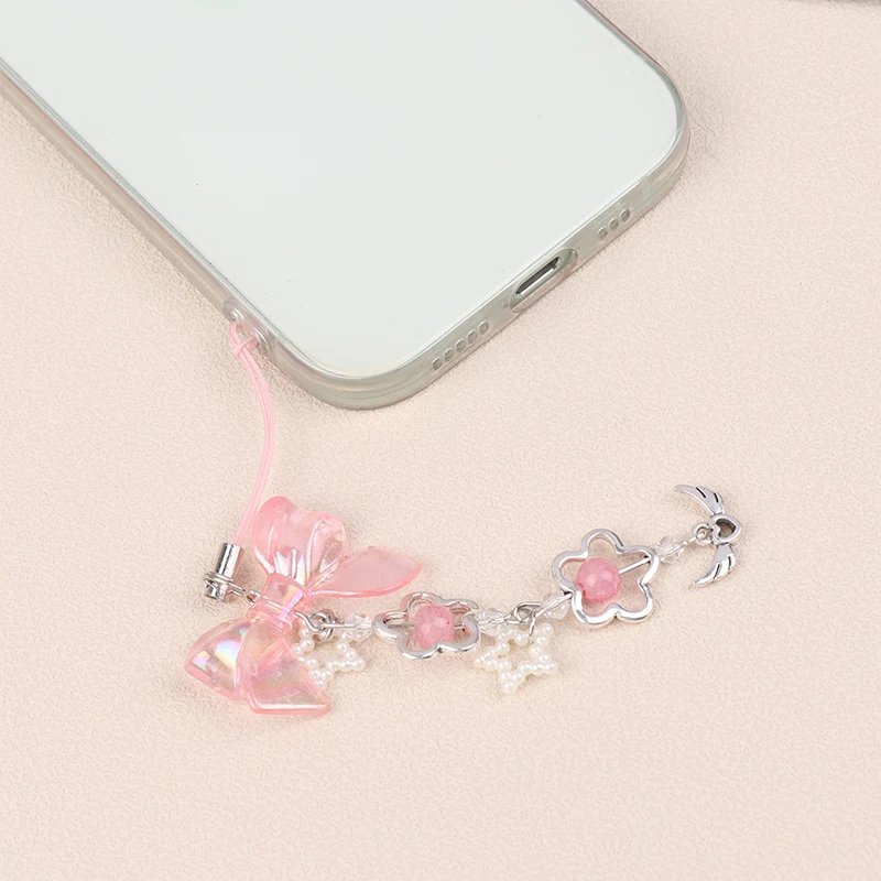 Sweet Pink Bowknot Heart Phone Chains For Girl Cute Flower Star Phone Strap Y2k Mobile Phone Lanyards Keychain