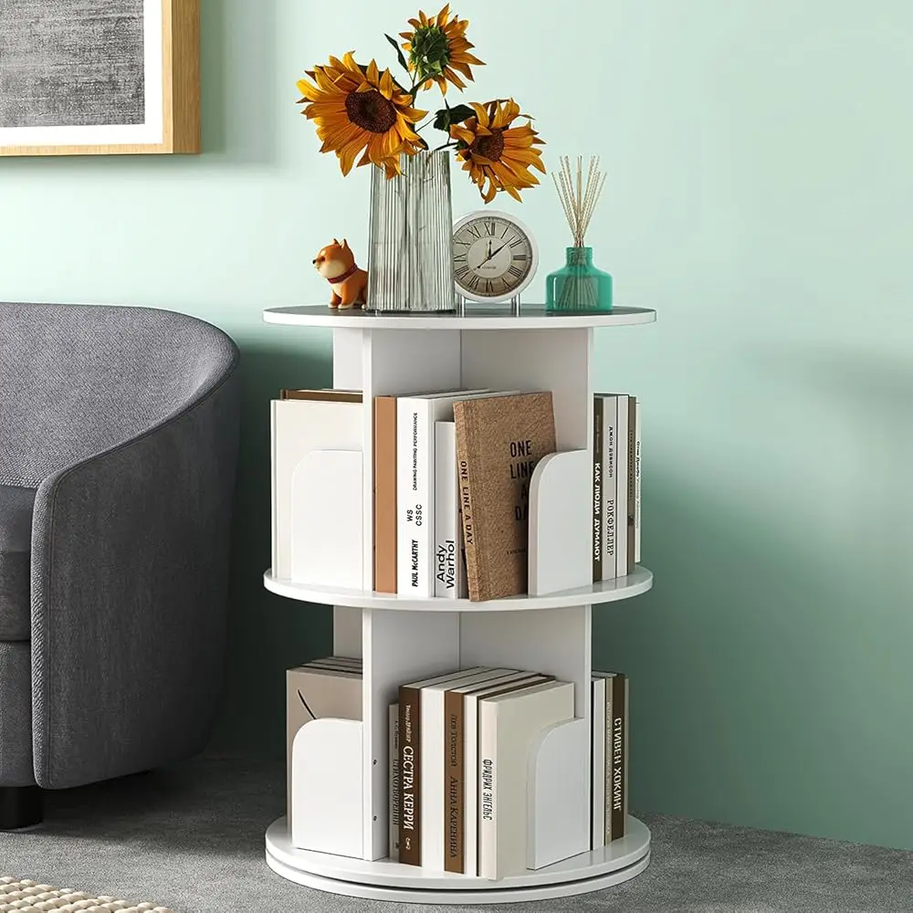 

2 Tier Rotating Bookshelf, 360° Revolving Bookcase Rotating Stackable Shelves Floor-Standing Storage Display Ra Used In