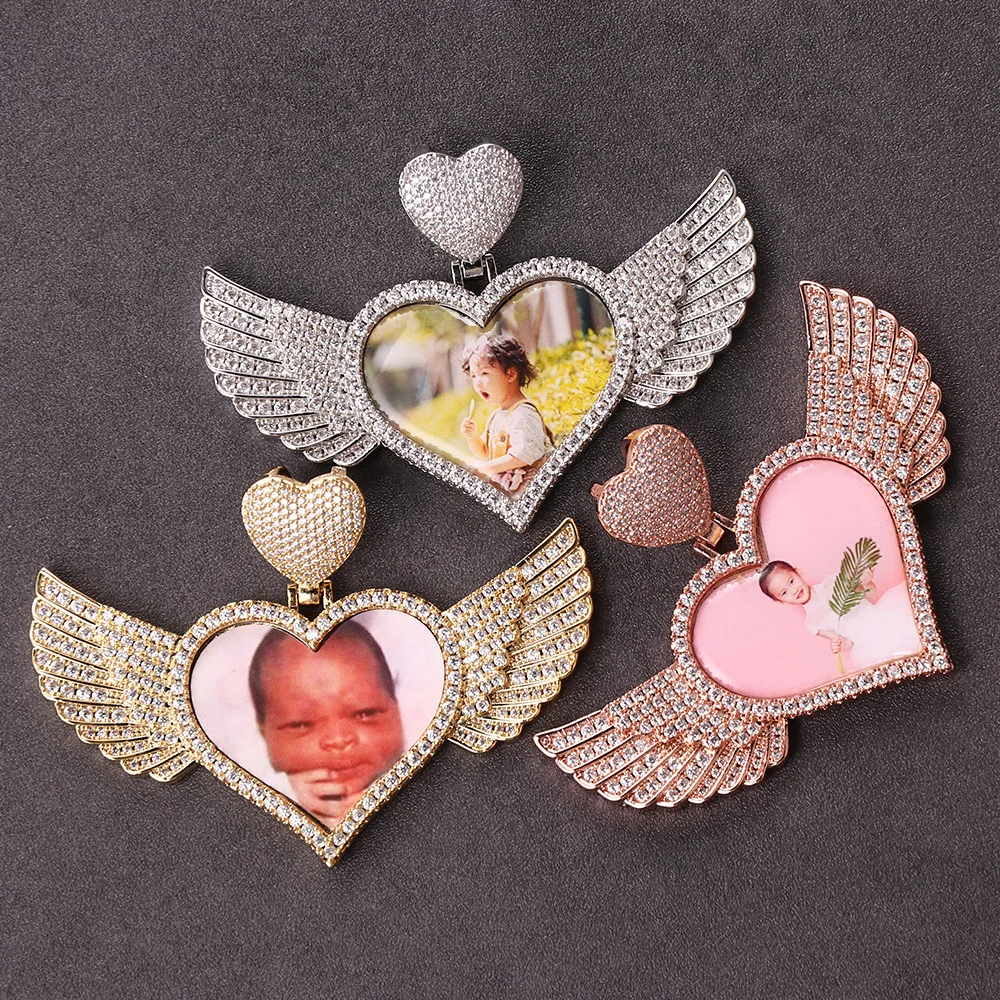 

2pcs/ Bag Hip Hop CZ Heart Hook Heart Wings Photo Pendant Necklaces Custom Memory Pictures Frame Blanks Sublimation Necklace