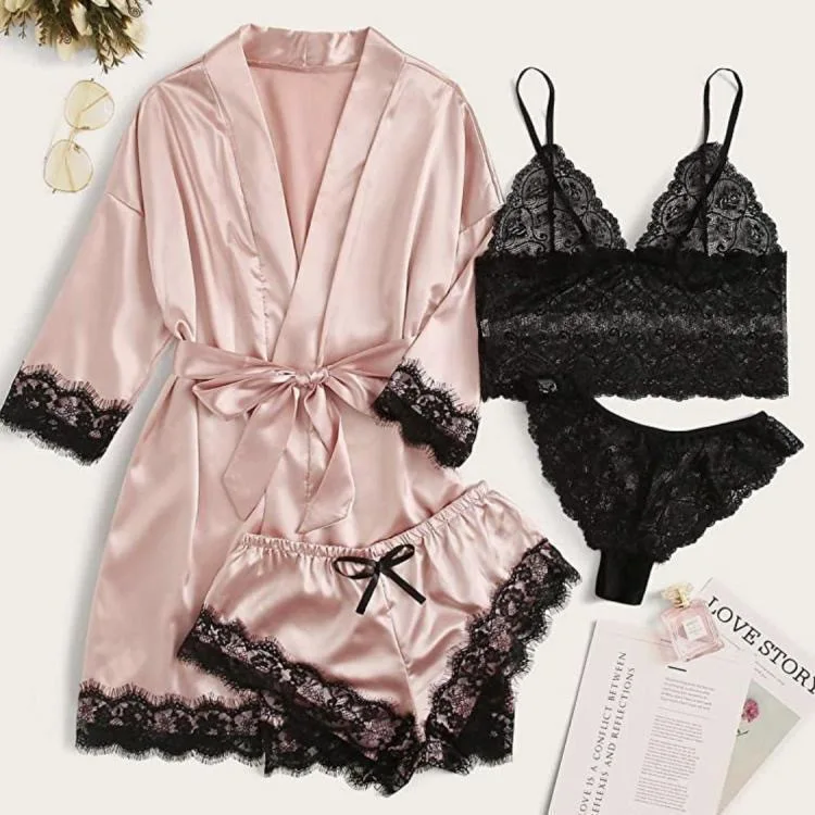 Set di quattro pezzi di indumenti da notte alla moda, set di bretelle in raso con bordi in pizzo sexy, abito, comoda camicia da notte casual