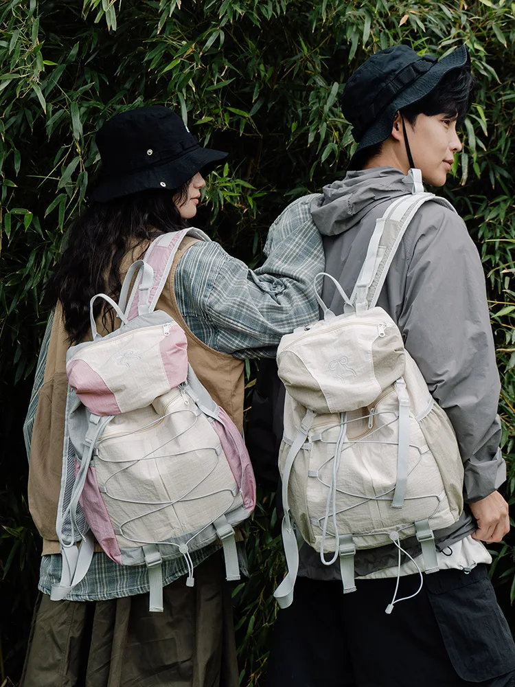 Lightweight backpack for spring outings, outdoor sports, color-blocking hiking bag, trekking backpack for women, drawstring larg