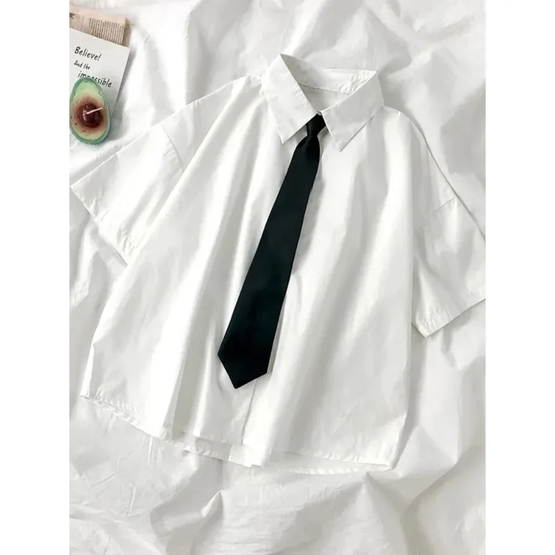 

White Shirts Women Fashion Black Tie Japan Style Preppy Students JK Girls Blouse Simple Solid Loose Summer Button Up Tops