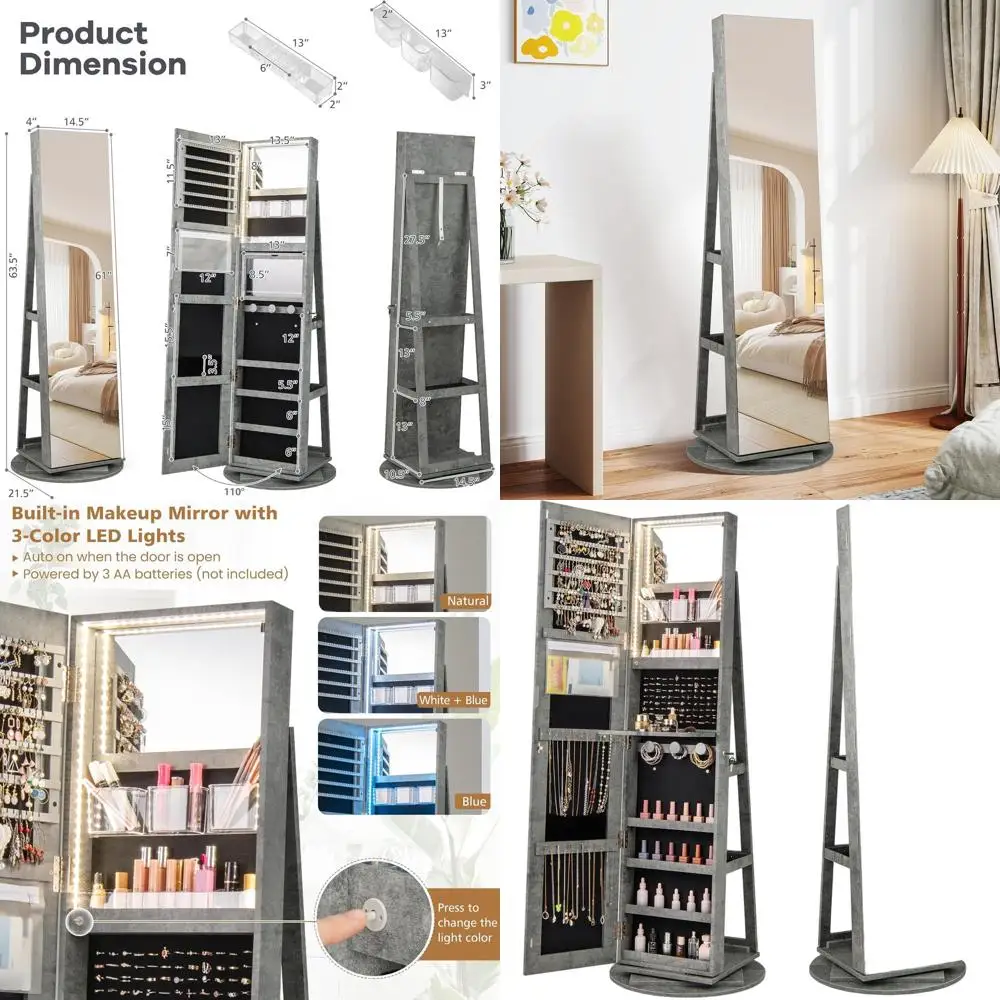 Stone Gray Lockable Jewelry Armoire with Full Length Mirror, Swivel Design, Interior Vanity Mirror, 3-Color Lights, and Rear Sto