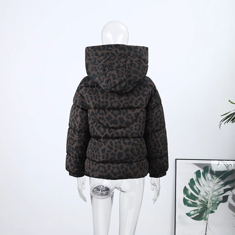 Women's Leopard Print Hooded Cotton Padded Jackets Stand Collar Zipper Short Puffy Coats 2026 Winter Lady Street Warm Outerwear