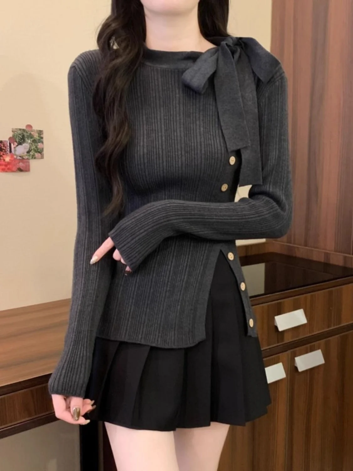 

Японский стиль Харадзюку, пряный вязаный свитер с длинными рукавами и бантом для девочек, осенне-зимний женский облегающий топ с лентой