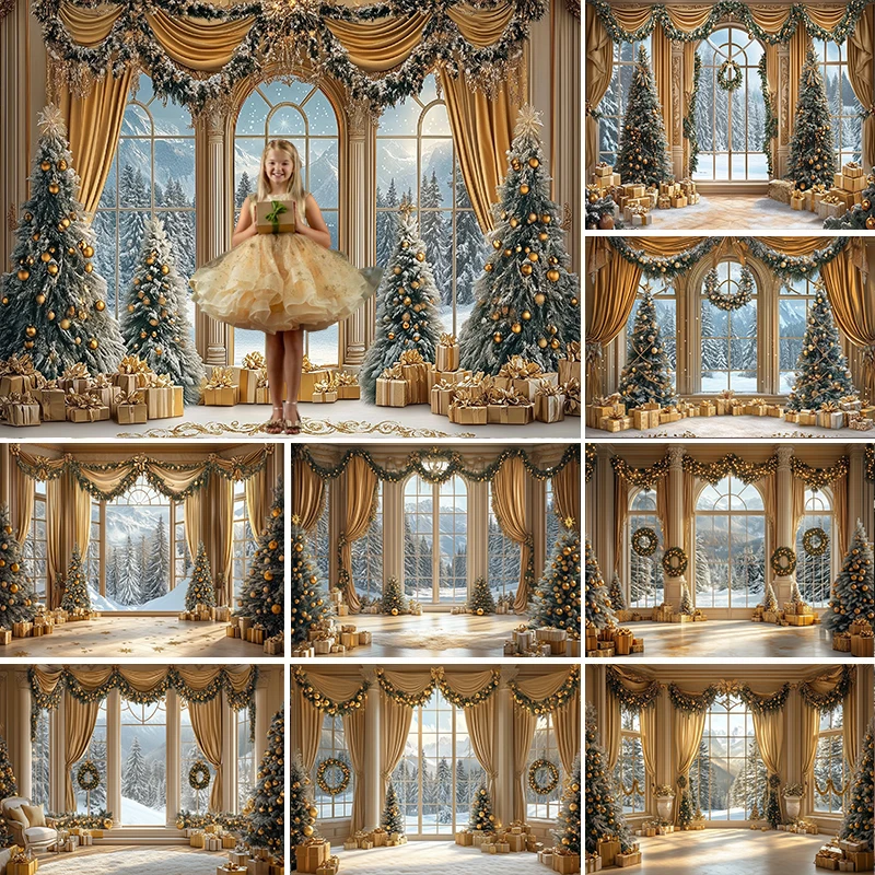 LS Photography Background Winter Christmas Window Glitter Candle Xmas Tree Kid Family Portrait Decor Backdrop Photo Studio