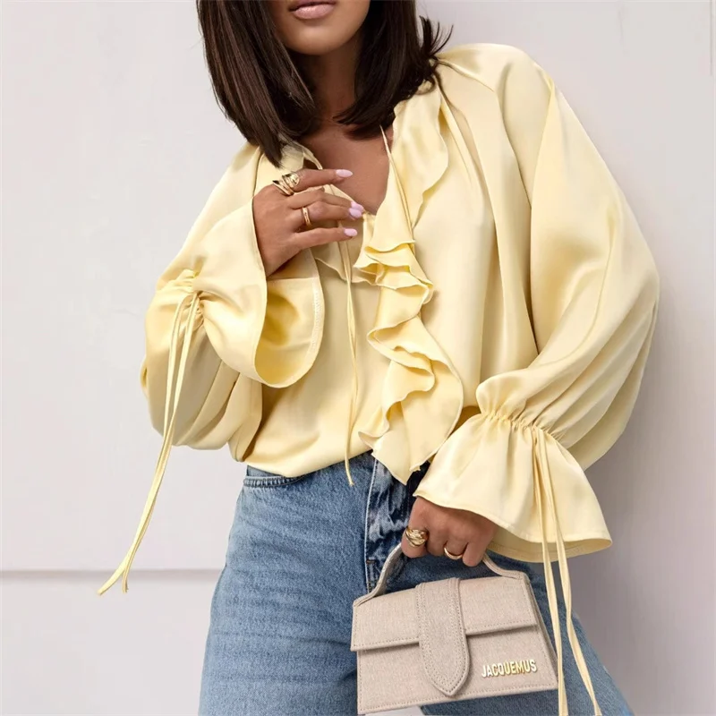 American Style Elegant Comfortable Ruffle T-Shirt Lace up Casual Loose V Neck Pullover Tops Autumn Female Flare Sleeve Tees 2025