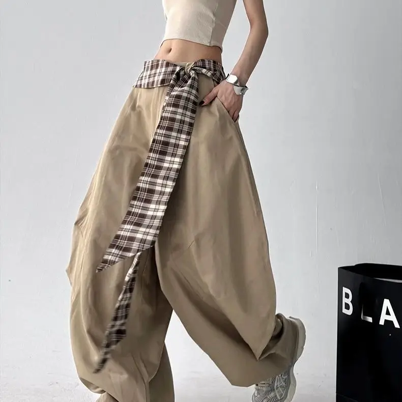 

Slack scimitar wide-leg pants women's 2025 summer design plaid belt loose versatile drape casual trousers