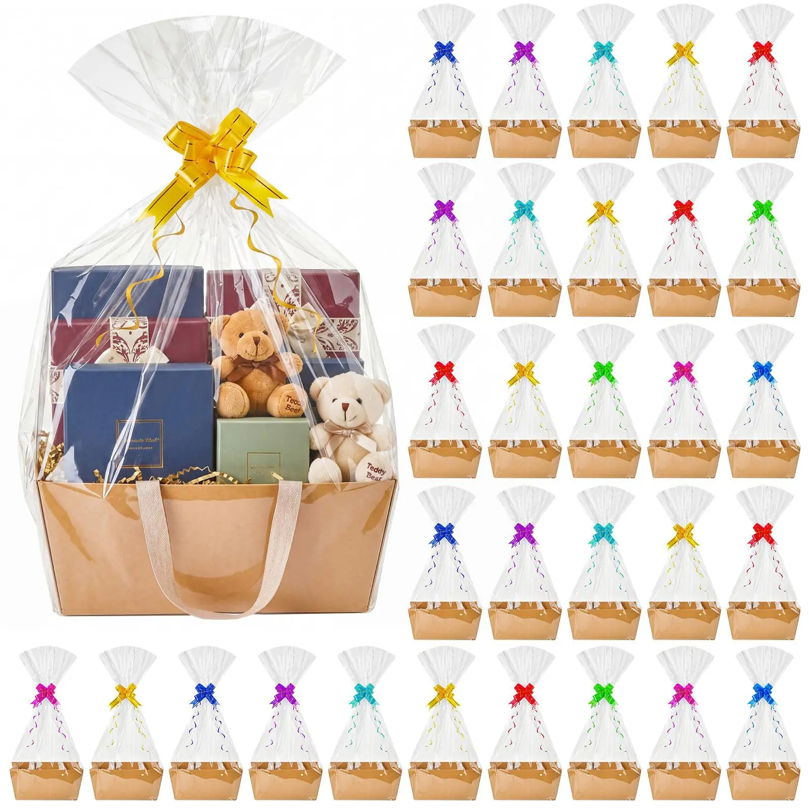 30pcs-kraft-paper-gift-basket-set-with-handlesclear-gift-bags-and-pull-bowsempty-tray-for-christmas-wedding-holiday-party