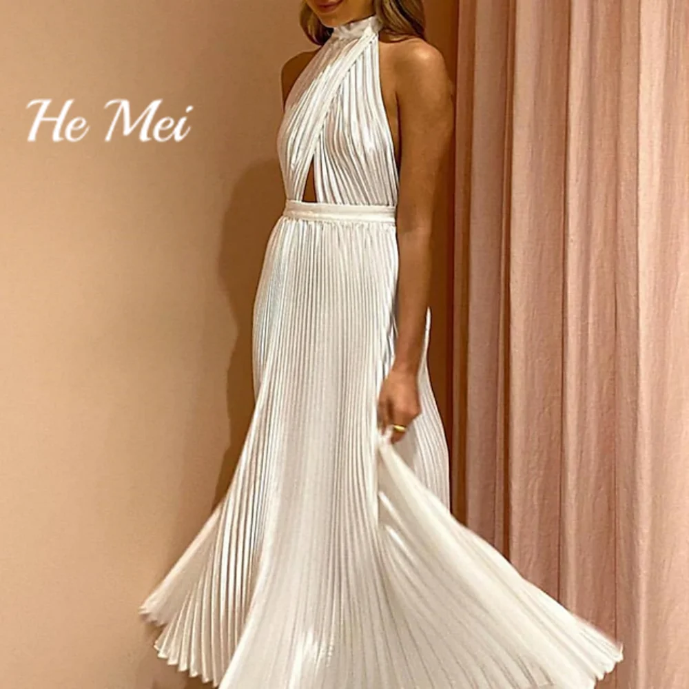 

He Mei Sexy Prom Dresses For Women Simple Halter Sleeveless Evening Gowns Ankle-Length Backless Beach Party Dress