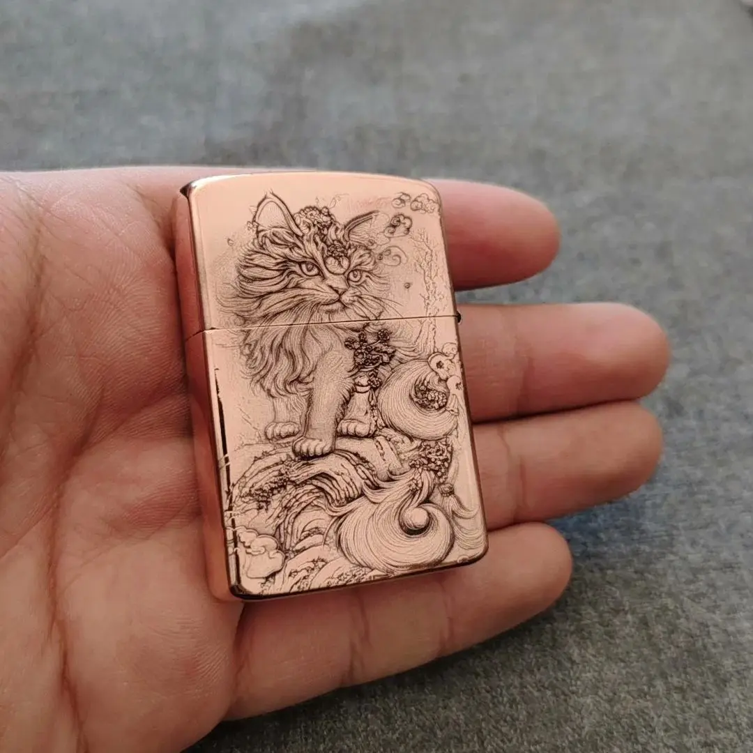 Red Copper Embossed Cat Oil Lighter Vintage Relief Metal Refillable Petrol Lighter Collectible Smoking Accessory Gift for Cat